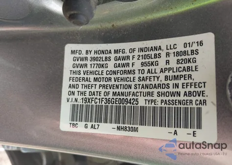 2016 Honda Civic Ex-T из США, поврежденный, VIN 19XFC1F36GE009425